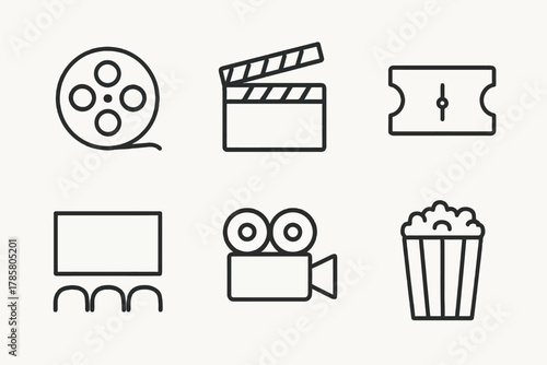 Cinema icons set: film reel, clapperboard, projector, popcorn, razor blade, movie screen