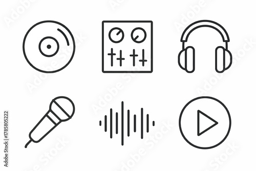 Music equipment icons: headphones, microphone, turntable, mixer, sound wave, play button