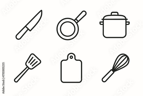 Simple line art of cooking tools: knife, frying pan, pot, spatula, cutting board, whisk