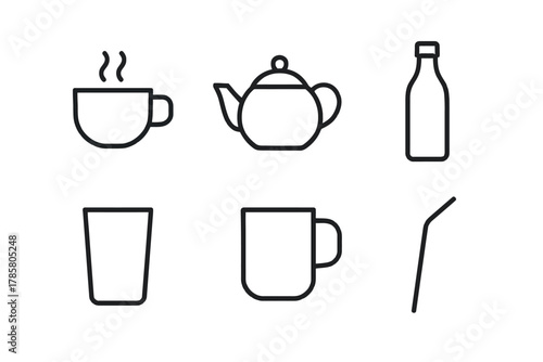 Minimalist beverage icons: coffee, teapot, bottle, cup, mug, straw