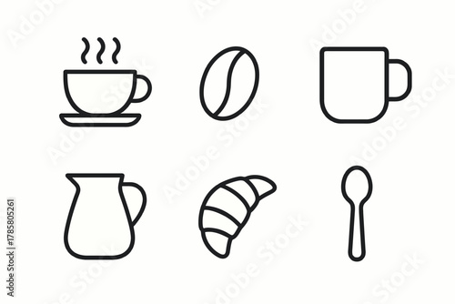 Minimalist coffee set illustration with mug, cup, pitcher, croissant, and spoon icons