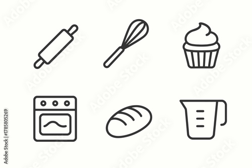 Baking tools icons: rolling pin, whisk, cupcake, oven, bread, measuring cup