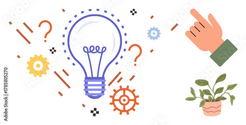 Lightbulb surrounded by question marks and gears, hand pointing, and potted plant. Ideal for innovation, problem-solving, productivity, brainstorming, teamwork guidance inspiration. Simple flat