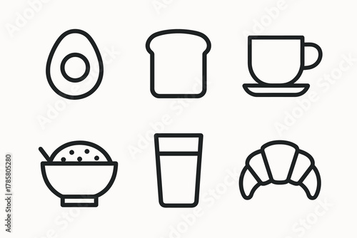 Minimalist breakfast icons: avocado, toast, coffee, cereal, juice, croissant