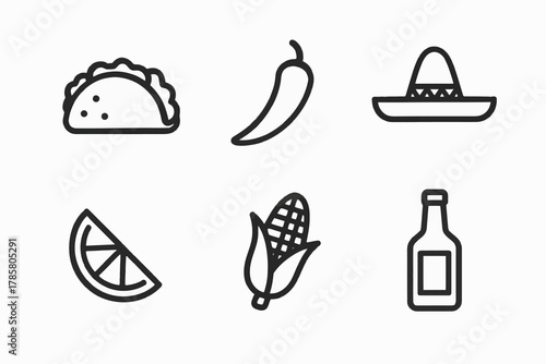 Minimalist mexican food icons: taco, chili, sombrero, lime, corn, hot sauce