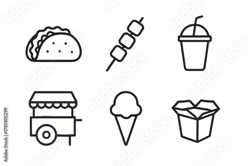 Minimalist fast food icons: taco, skewer, drink, cart, ice cream, takeout box
