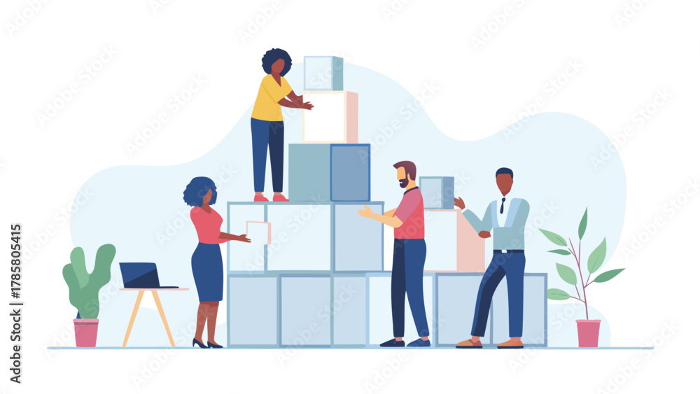 Fototapeta premium Diverse team of business professionals collaborating to build a stack of boxes representing growth and teamwork in a modern office setting