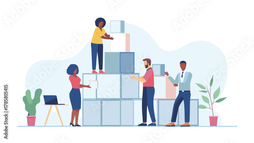 Diverse team of business professionals collaborating to build a stack of boxes representing growth and teamwork in a modern office setting