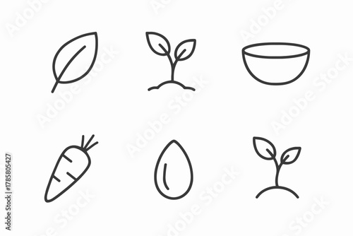 Minimalist plant and food icons: leaf, seedling, bowl, carrot, seed, sprout