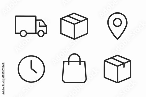 Simple delivery and shipping icons including truck, box, location, clock, and bag