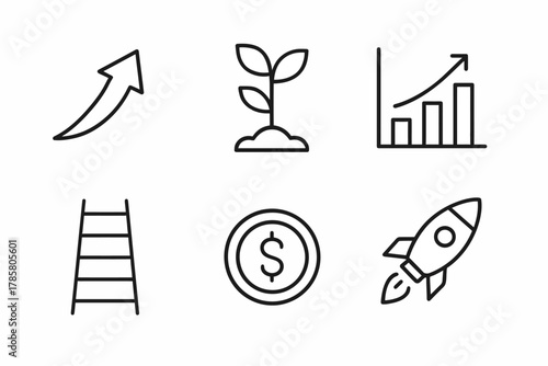 Business growth icons: arrow, plant, graph, ladder, dollar, rocket