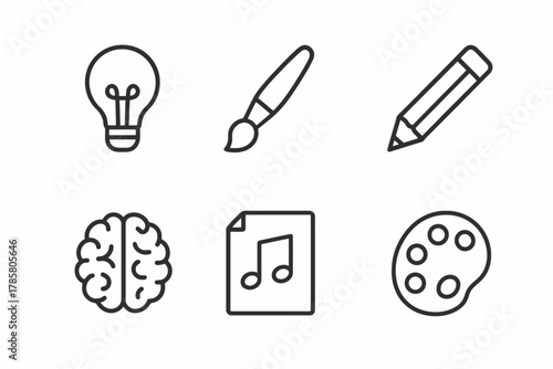 Creative icons: light bulb, paintbrush, pencil, brain, music note, palette