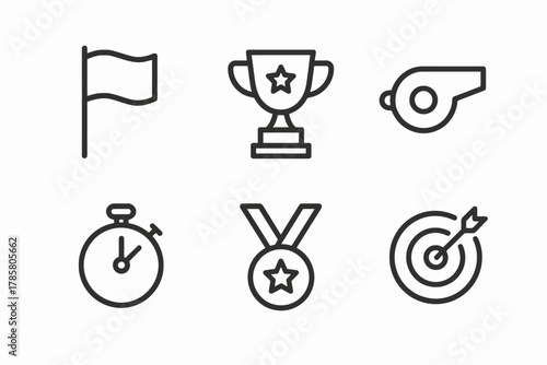 Sports icons: flag, trophy, whistle, stopwatch, medal, target