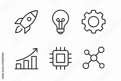 Innovation and technology icons: rocket, lightbulb, gear, graph, chip, network