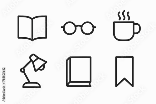 Minimalist icons: book, glasses, coffee mug, lamp, book, bookmark