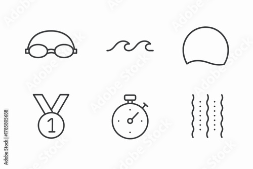 Swimming icon set: goggles, waves, cap, medal, stopwatch, lane