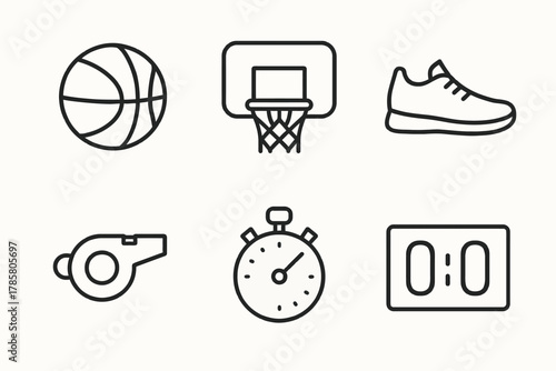 Basketball icon set: ball, hoop, shoe, whistle, stopwatch, scoreboard