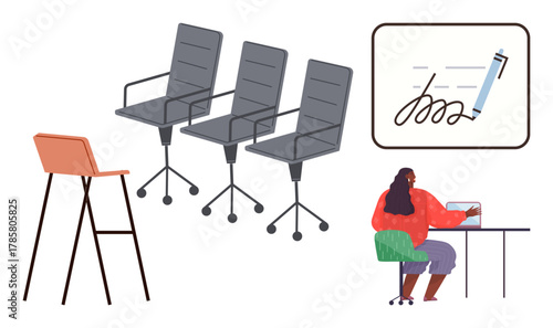 Office chairs, desk with laptop, person working, signature board for tasks. Ideal for teamwork, workspace, productivity, focus communication business strategy learning environment. Simple flat