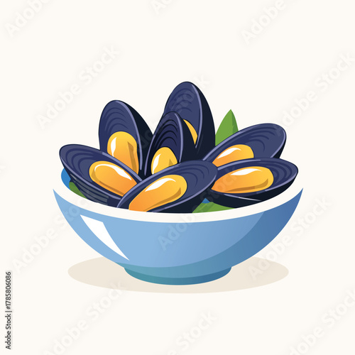 A bowl of steaming mussels sits on a plain surface viewed from the side in a digital illustration