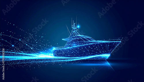 3D wireframe yacht with glowing effects