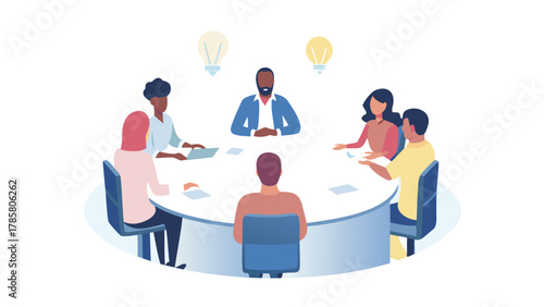 Diverse group of people collaborating around a round table with lightbulbs symbolizing new ideas and innovation