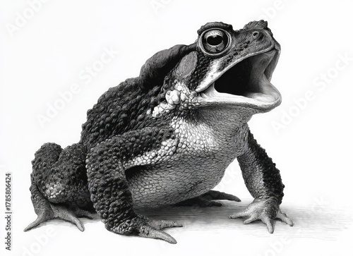 Detailed black and white illustration of a toad with open mouth
