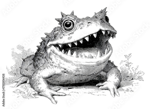 Vintage drawing of a scary spiked frog creature