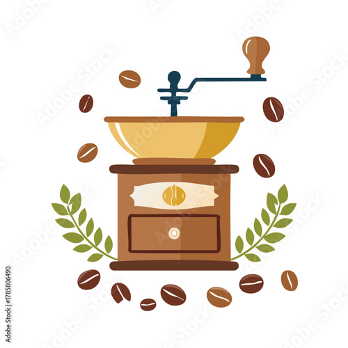 Antique coffee grinder illustration surrounded by roasted coffee beans and green leaves, perfect for cafe or kitchen decor