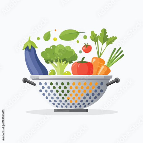 Fresh vegetables overflowing from a colander in a kitchen setting viewed from the front