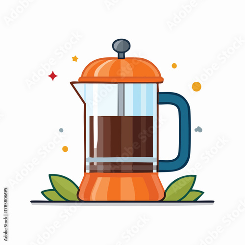 Vibrant French Press Illustration with Fresh Leaves & Geometric Accents