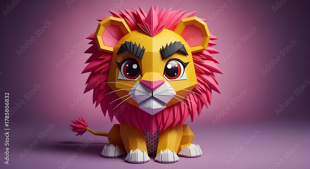 Fototapeta premium Geometric Cartoon Lion with Pink Mane