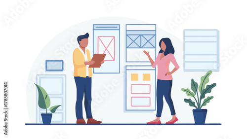 Two designers collaborate on a website user interface wireframe layout and user experience design