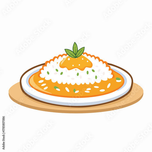A delicious meal of curry rice served on a plate viewed from directly above on a wooden table