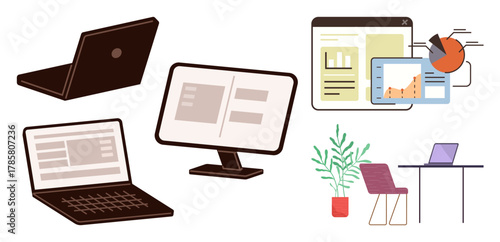 Laptops, computer screen, data analytics on tablet, charts, workspace setup with plant and furniture. Ideal for productivity, technology, remote work, collaboration business data analysis modern