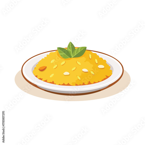 A delicious yellow dessert with nuts and leaves on a white plate, served on a table, viewed from above.