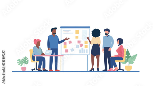 Diverse team of professionals collaborating and brainstorming ideas using a whiteboard and sticky notes in a modern office setting