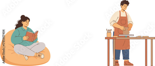 Hobby Lifestyle: Woman Reading and Man Making Pottery Illustration