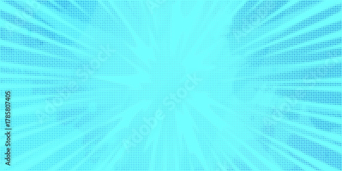 Anime explosion background with radial lines - dynamic starburst with speed motion effect. Blue and white halftone pattern for superhero action in manga comic book style. Stylized decorative bg.
