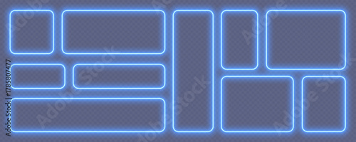 Neon glowing frames, blue night banners, bright illuminated borders. Rectangular design elements. Vector light effect.