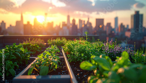 Rooftop garden with herbs and city skyline at sunset