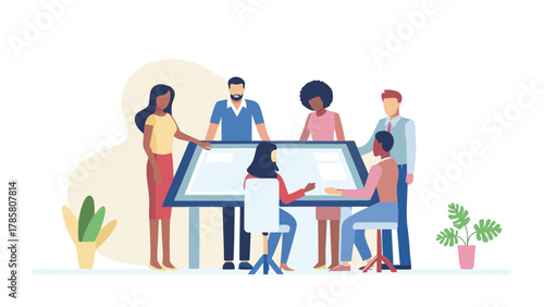 Diverse group of professionals collaborating around a large interactive table in a modern office setting