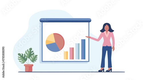 Businesswoman presenting financial data and charts on a whiteboard during a corporate meeting or presentation
