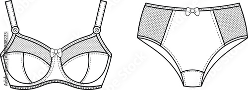 Technical lingerie illustration, matching bra and panties set, structured design, adjustable straps, fashion garment sketch