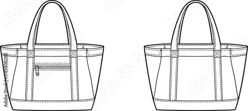 Tote bag technical sketch, front and back view, zipper pocket, stitching details, fashion accessory illustration