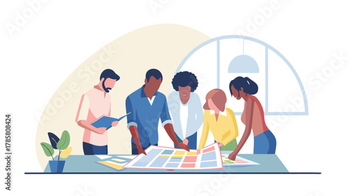 Diverse group of colleagues collaborating on a project plan around a table with documents and color swatches