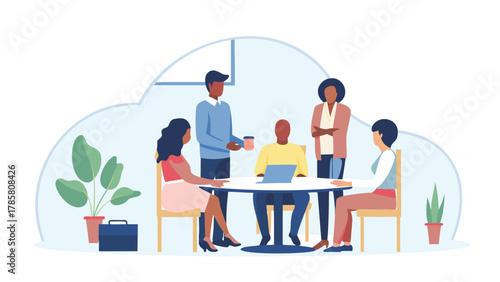 Diverse group of professionals collaborating around a table in a modern office setting with plants and a laptop