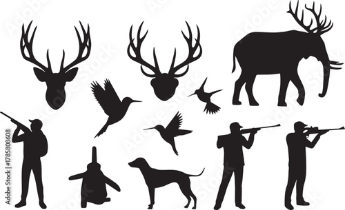 Hunter silhouette collection with animals, birds, dog, and hunter