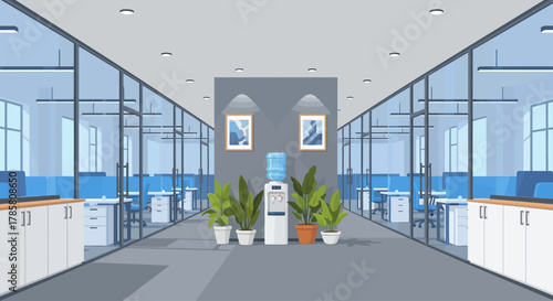 Modern Open-Plan Office Corridor Interior Vector Illustration