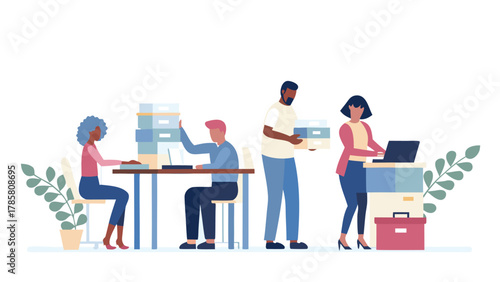 Diverse team of office workers collaborating and organizing files and documents in a modern workspace with plants and boxes