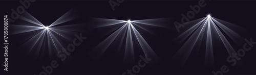 Party laser beams, white disco show spotlights, concert stage lights. Glowing show lasers. Magic rays for a dance party. Vector illustration.